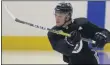  ?? STAFF PHOTO BY MATT STONE/ MEDIANEWS GROUP/BOSTON HERALD ?? ALLSTON, MA. - JULY 17: Brandon Carlo #25of the Boston Bruins takes a shot during practice at the Warrior Ice Arena on July 17, 2020 in Allston, Massachuse­tts.