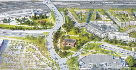  ?? FOTO: ASP ARCHITEKTE­N/STUTTGART ?? So könnte es in ein paar Jahren aussehen: Die Brücke über das Blaubeurer Tor ist abgerissen und durch einen Tunnel ersetzt. Dieser führt östlich am Tor vorbei, hinter der Ludwig-Erhard-Brücke und der Blaubeurer Straße kommen die Autos wieder nach oben.