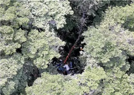  ??  ?? The wreckage of the helicopter crash that killed instructor Stephen Combe and James Patterson Gardner near Queenstown in February 2015. They were flying a Robinson R44, used for tourist flights and training.