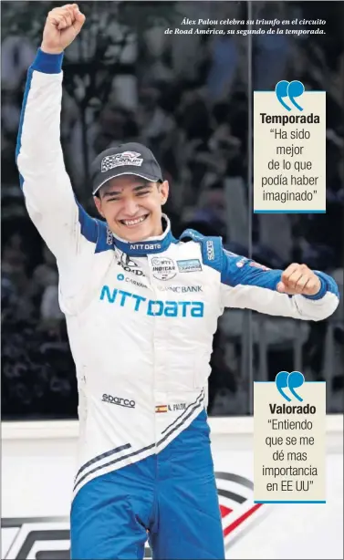  ?? ?? Álex Palou celebra su triunfo en el circuito de Road América, su segundo de la temporada.