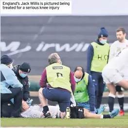  ??  ?? England’s Jack Willis is pictured being treated for a serious knee injury