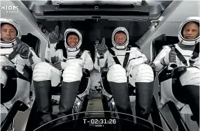  ?? AP ?? The SpaceX crew in the Dragon spacecraft at Cape Canaveral, Florida. SpaceX launched three rich businessme­n and their astronaut escort to the Internatio­nal Space Station (ISS) for more than a week’s stay.