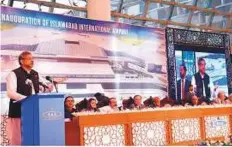  ??  ?? Prime Minister Shahid Khan Abbasi addressing a gathering after inaugurati­on of Islamabad Internatio­nal Airport.