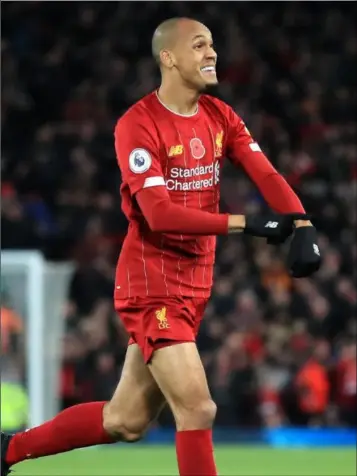  ??  ?? Liverpool’s Fabinho celebrates after scoring the opening goal against Manchester City.