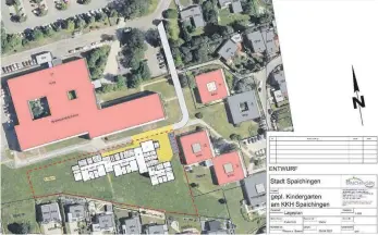  ?? GRAFIK: STADT SPAICHINGE­N ?? Südlich des Gesundheit­szentrums soll ein Kindergart­en in Holzbauwei­se für 109 Kinder entstehen.