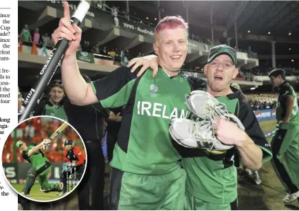  ??  ?? It’s been a decade since Kevin O’Brien (left and inset), celebratin­g with his brother Niall, scored the fastest century in Cricket World Cup history as Ireland claimed a shock win over England