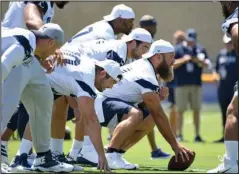  ?? The Associated Press ?? BOUNCING BACK:
Dallas Cowboys center Travis Frederick readies to snap the ball Tuesday at the NFL football team’s training camp in Oxnard, Calif. Guillain-Barré syndrome, an autoimmune disease that attacks the nervous system, sapped most of Frederick’s strength and left him struggling to walk when the Cowboys returned from camp in California last summer. Ultimately, the diagnosis wasn’t early enough to save his season. Frederick missed all 18 games last season.