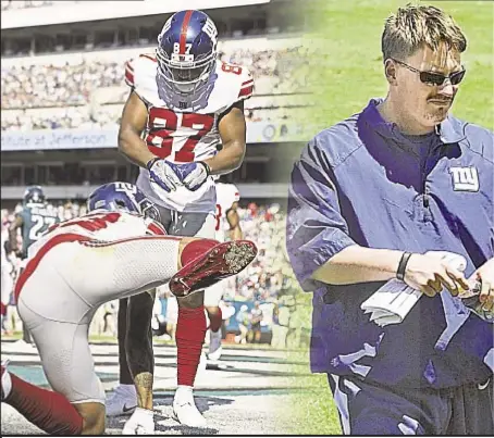  ??  ?? Odell Beckham’s urinating TD celebratio­n (l.) was first sign Giants’ season was going to the dogs, and Ben McAdoo