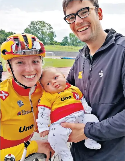  ?? ?? Best of both worlds: Elinor Barker and her partner Casper with baby son Nico and (left) celebratin­g victory in Germany in 2020