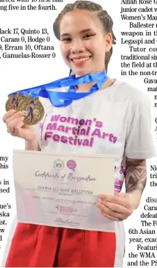  ?? PHOTOGRAPH COURTESY OF PSC ?? MARIA Mae Ballester displays her gold medals after ruling the senior’s traditiona­l single weapon and double weapon events in the arnis competitio­n of the 8th PSC Women’s Martial Arts Festival.