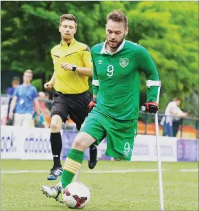  ??  ?? LEFT: West Kerry amputee footballer Éanna Durham in action for his country. He is currently fund-raising to help get the Irish team to the Amputee Football World Cup in Guadalajar­a, Mexico, in October and November.