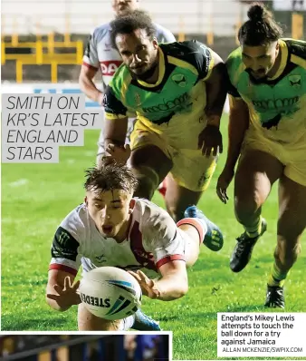  ?? ALLAN MCKENZIE/SWPIX.COM ?? England’s Mikey Lewis attempts to touch the ball down for a try against Jamaica