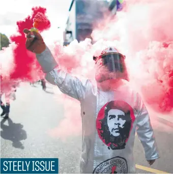  ?? Picture: Reuters ?? French steel workers from the French CGT trade union demonstrat­e in Paris, France, yesterday.