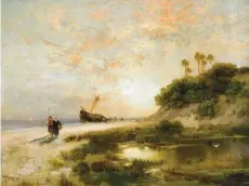  ??  ?? Thomas Moran (1837-1926), Beach Scene in Fort George Island, Florida, ca. 1878. Oil on panel, 9 x 12 in., signed with conjoined initials lower left: ‘Tmoran’. Estimate: $25/35,000 SOLD: $162,500