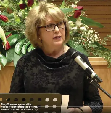  ??  ?? Mary McAleese speaks at the Voices of Faith conference in Rome, held on Internatio­nal Women’s Day
