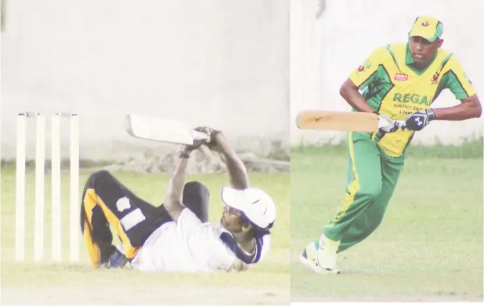  ??  ?? Uniss Yusuf reverse sweeps for six to record his 50 in a hand that took Floodlight­s to an emphatic nine-wicket win over Regal Masters (Royston Alkins Photo) Mahendra Arjune pushes one into the offside during his 30 for Regal (Royston Alkins Photo)