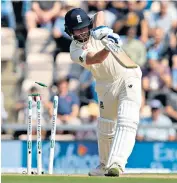  ??  ?? Skittled: Jonny Bairstow falls first ball to Mohammed Shami