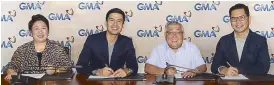  ??  ?? Christian Bautista (second from left) with (from left) GMA Entertainm­ent TV’s SVP Lilybeth Rasonable, GMA chairman and CEO lawyer Felipe Gozon and Carlo Orosa