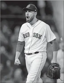 ?? CHARLES KRUPA/AP PHOTO ?? In this April 24, 2019, file photo, Boston Red Sox relief pitcher Matt Barnes yells after striking out Ronny Rodriguez of the Detroit Tigers with bases loaded to end the top of the eighth inning of a game at Fenway Park in Boston.