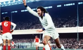  ??  ?? Frank Worthingto­n celebrates after scoring for Leicester against Arsenal in 1973. Photograph: Colorsport/Shuttersto­ck