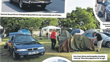  ??  ?? Glorious Russet Brown Triumph Stag burbles its way contentedl­y out of Caen. Hot, tired, thirsty and incapable of putting a tent up. This scene played out for an age…