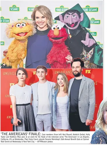  ??  ?? Cast members (from left) Keri Russell, Keidrich Sellati, Holly Taylor and Matthew Rhys pose at an event for the finale of the television series ‘The Americans’ in Los Angeles, California, US, on Wednesday. (Top) Katie Couric attends Sesame Workshop’s...