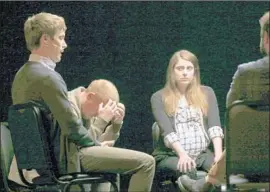  ??  ?? ANDREW GILBERT, left, Jonney Ahmanson and Cat Ventura Ahmanson open up in a production born from Poor Dog Group’s real-life therapy sessions.