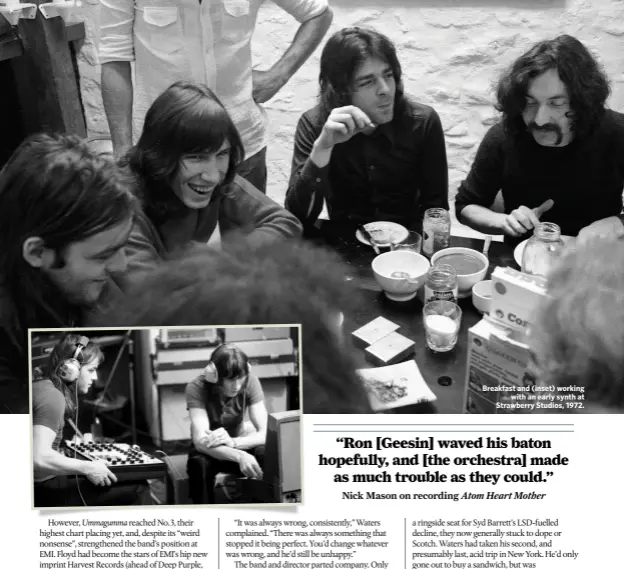  ??  ?? Breakfast and (inset) working with an early synth at Strawberry Studios, 1972.