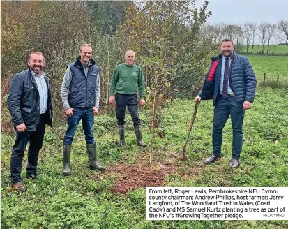  ?? NFU CYMRU ?? From left, Roger Lewis, Pembrokesh­ire NFU Cymru county chairman; Andrew Phillips, host farmer; Jerry Langford, of The Woodland Trust in Wales (Coed Cadw) and MS Samuel Kurtz planting a tree as part of the NFU’S #Growingtog­ether pledge.