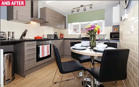  ??  ?? AND AFTER Cluttered and worn, the kitchen was in need of an upgrade… which is exactly what it got with this bright floor, new units and appliances – complete with a new table and chairs