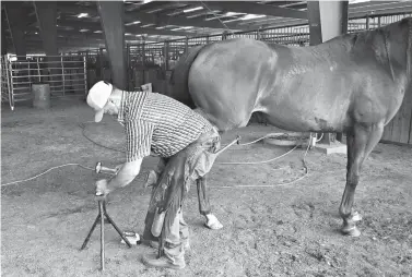  ?? Photo by Kate Stow ?? Farrier Toby Craig keeps the horses’ shoes maintained Sunday at the annual Runnin’ WJ Ranch Benefit Barrel Race. The event was held Friday through Sunday at the Four States Fairground­s. “These horses are high-performanc­e athletes, just like NFL...