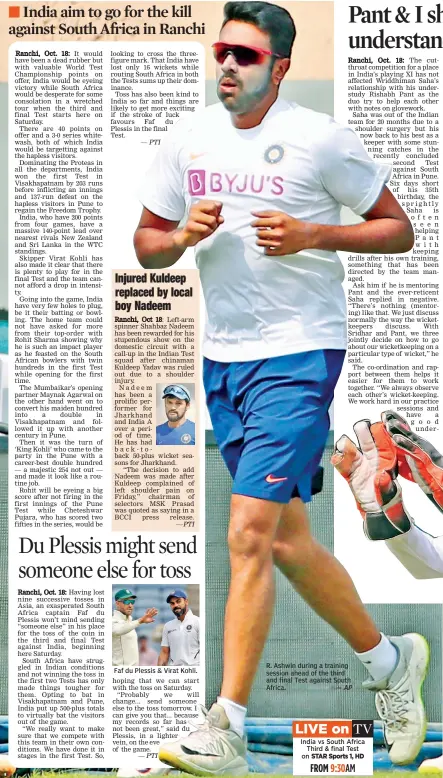  ?? AP ?? R. Ashwin during a training session ahead of the third and final Test against South Africa. —