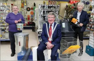  ??  ?? County Mayor Councillor Ian Doyle pictured with Tommy Lovett and CEO Declan O’Keeffe in the re-opened Boherbue Co-Op Hardware Store during his ‘thank you’ tour last week.