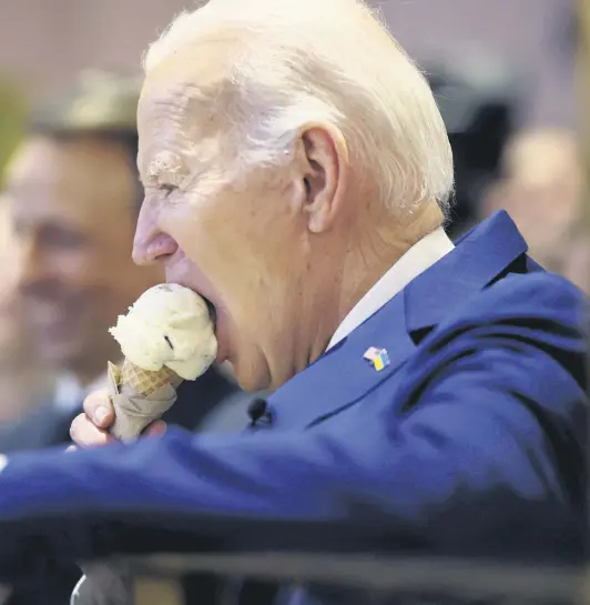  ?? ?? U.S. President Joe Biden enjoys ice cream just before making a speech about a cease-fire for Gaza amid Israel’s brutal war in Palestine, New York, U.S., Feb. 26, 2024.