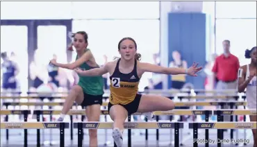  ?? Photo by Dane Fuelling ?? South Adams’ Kapri Bixler had a standout performanc­e in the qualifiers for the Indoor State meet this Saturday at PFW. Running the 60M hurdles in the Bulldog Classic, Bixler finished 11th out of 56 girls in that event, with a time of 10.38 seconds. Bixler also ran well in the 60M dash as the Starfires attempted to get warmed up for the regular outdoor track season, set to kick off after Spring Break.