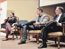  ?? JOELLE KOVACH/EXAMINER ?? Mayor Diane Therrien, developer Paul Bennett and realtor Dave Haacke discuss Peterborou­gh real estate and growth at a Chamber of Commerce panel discussion at the Ashburnham Funeral Home on Wednesday.