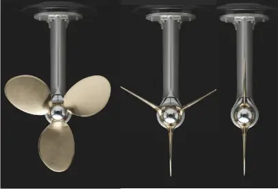  ??  ?? From left: Bruntons Variprofil­e three-blade feathering prop in open position; the same in feathered position; two-blade Variprofil­e, feathered