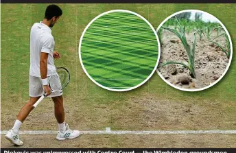  ?? AP/GETTY IMAGES/PA ?? Djokovic was unimpresse­d with Centre Court — the Wimbledon groundsmen could learn from those at Leicester City, who do a fine job on the King Power pitch (centre). SW19’s show court looked more like the deserts of northern China, suffering their worst...