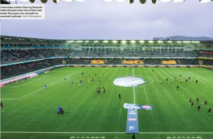  ?? FOTO: NTB SCANPIX ?? I leieavtale­n mellom Start og Sørlandsha­llen Eiendom heter det at Start skal betale 25 prosent mer ved spill i en eventuell cupfinale.