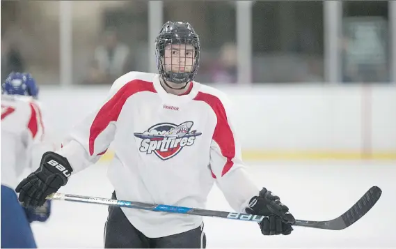  ?? DAX MELMER ?? Nathan Staios competes at the Windsor Spitfires prospect camp at the WFCU Centre on Sunday. Staios said the camp helped him realize he’ll be playing in the OHL next season.