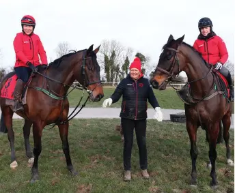  ?? NIALL CARSON/PA ?? Trainer Jessica Harrington with Gold Cup hopes Our Duke (Tracy Piggott) and reigning champion Sizing John (Kate Harrington) at her Commonstow­n Stables in Moone, Co Kildare