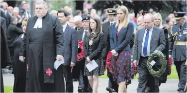  ??  ?? Lord Mayor Nuala McAllister leads the ceremony to mark the Battle of the Somme along with Ireland’s Minister of State for European Affairs Helen McEntee and Secretary of State James Brokenshir­e