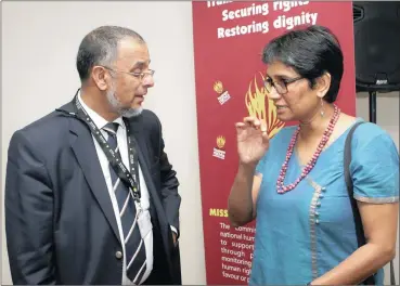  ?? PHOTO: SIMPHIWE MBOKAZI ?? The SA Human Rights Commission­er Mohamed Shafie Ameermia, left, and his deputy Pregs Govender at the discussion on business and human rights held at their offices in Braamfonte­in yesterday.