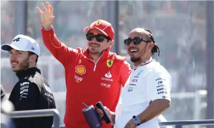  ?? Photograph: Future Publishing/Getty Images ?? Lewis Hamilton (right) and current Ferrari driver Charles Leclerc at Albert Park in Melbourne for last month’s Australian Grand Prix.
