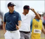  ?? PETER MORRISON — THE ASSOCIATED PRESS ?? Jordan Spieth of the US, left, and Kevin Chappell of the US finish the third round of the British Open Golf Championsh­ip in Carnoustie, Scotland, Saturday.