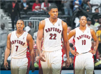  ?? KEVIN C. COX GETTY IMAGES FILE PHOTO ?? The departure of Rudy Gay, centre, allowed Kyle Lowry and DeMar DeRozan to emerge as all-stars with the Raptors.