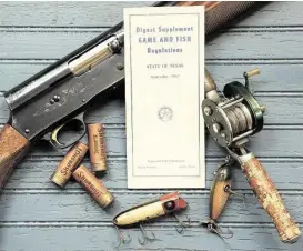  ?? Shannon Tompkins photo illustrati­on / Houston Chronicle ?? A 1962 Texas hunting and fishing regulation­s digest rests among a shotgun, shells, a fishing reel and lures used when the booklet’s rules guided actions of the state’s hunters and anglers more than a half-century ago.