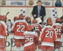  ?? BY JOE BOYLE JBOYLE@DIGITALFIR­STMEDIA.COM @BOYLERALER­TTROY ON TWITTER ?? RPI Hockey Head Coach Dave Smith draws up a gameplan in the middle of the second period against Quinnipiac on November, 9at the TD Bank Sports Center in Hamden, Conn.