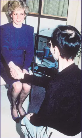  ??  ?? REACHING OUT: Diana welcomes a patient at the opening of an Aids ward in London, 1987. Below, with leprosy sufferers in Kathmandu, Nepal, 1993