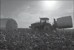  ?? Bloomberg News/EDDIE SEAL ?? A John Deere & Co. tractor carries a cotton module ready for transport to the gin at Legacy Farms in Chapman Ranch, Texas, in August.